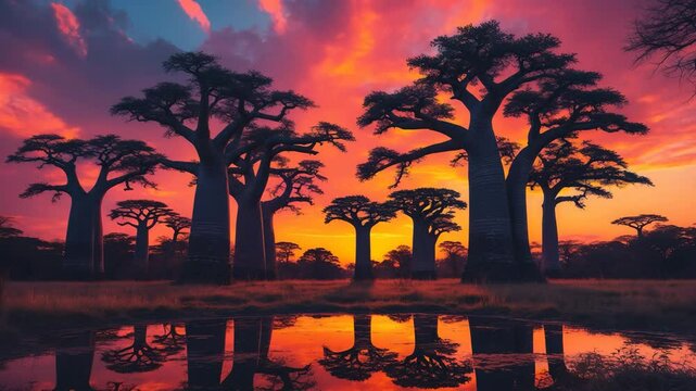 Stunning Baobab trees during sunset along the avenue of the baobabs.