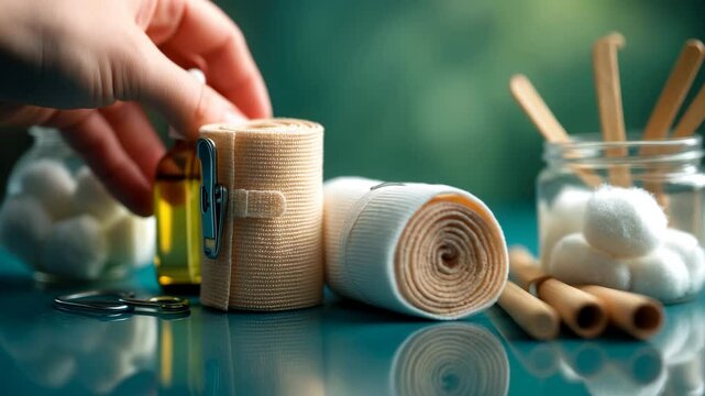 First aid kit and bandage on a table, with a bokeh backdrop.
