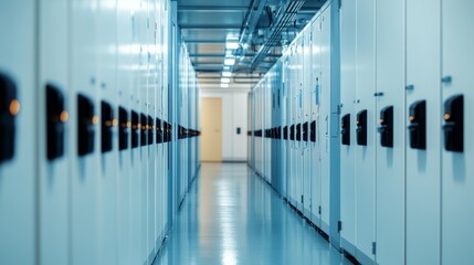 Modern storage facility corridor featuring white lockers with glowing indicators, illuminated environment