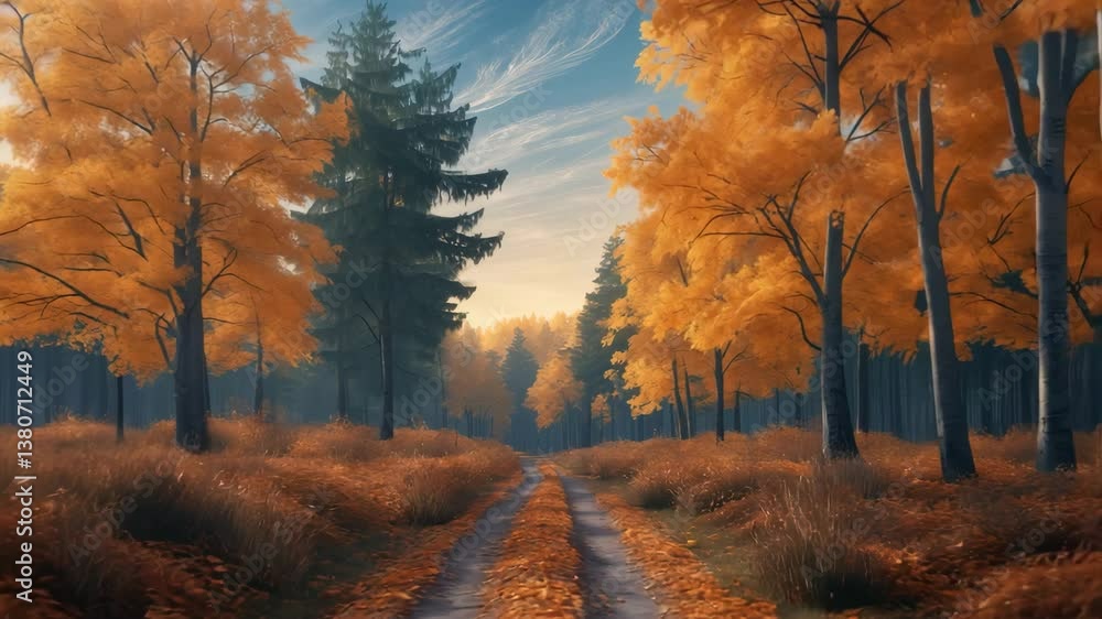 Poster pathway in autumn lined with pines and beech trees