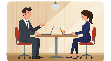 Business Job Interview concept. Vector cartoon illustration of a man in suit asking questions and a woman answering them while sitting at a table