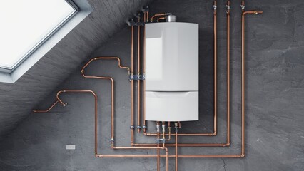 Picture of a tankless water heater mounted on a wall with copper pipes