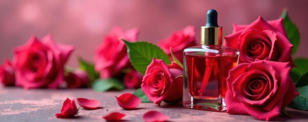 Luxurious rose oil, glass bottle & pipette, floral backdrop , rose oil, cosmetics
