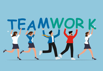 Business Teamwork and Collaboration Concept. Office Colleagues Walking Together Holding the Word Teamwork, Successful Coworkers Cooperating for Business Growth, Partnership, and Professional Success.