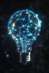 Abstract blue light bulb made of glowing digital lines and dots on a dark background