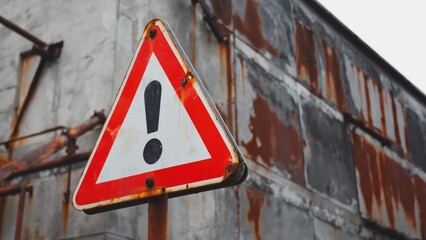 A red and white warning sign with a black mark, used for indicating hazards or dangers