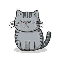 Cartoon gray striped sad or angry cat with closed eyes, offended; arrogant and silent domestic cat.