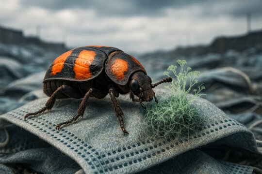 Macro view of a carrion beetle on a discarded medical mask with a bioengineered fungal colony in a medical mask dump