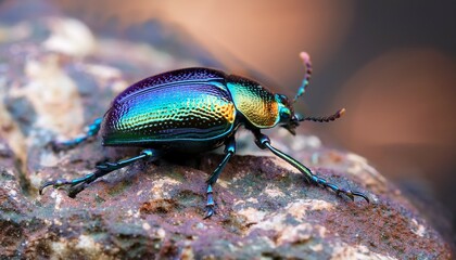 Naklejka premium this jewel beetle displays intricate shimmering patterns and vibrant colors on a rocky surface