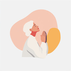 Praying elderly woman expressing gratitude against colorful background  