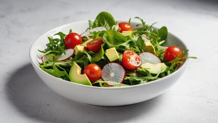 Fresh and healthy salad with creamy avocado, juicy tomatoes, and crunchy radishes