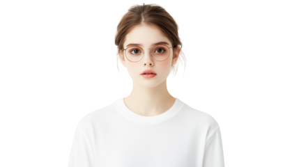 Portrait of a woman wearing stylish glasses and crisp white shirt, offering captivating thoughtful gaze.
