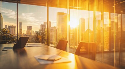 Sunlit office boardroom with a panoramic city view during golden hour, creates a warm atmosphere.