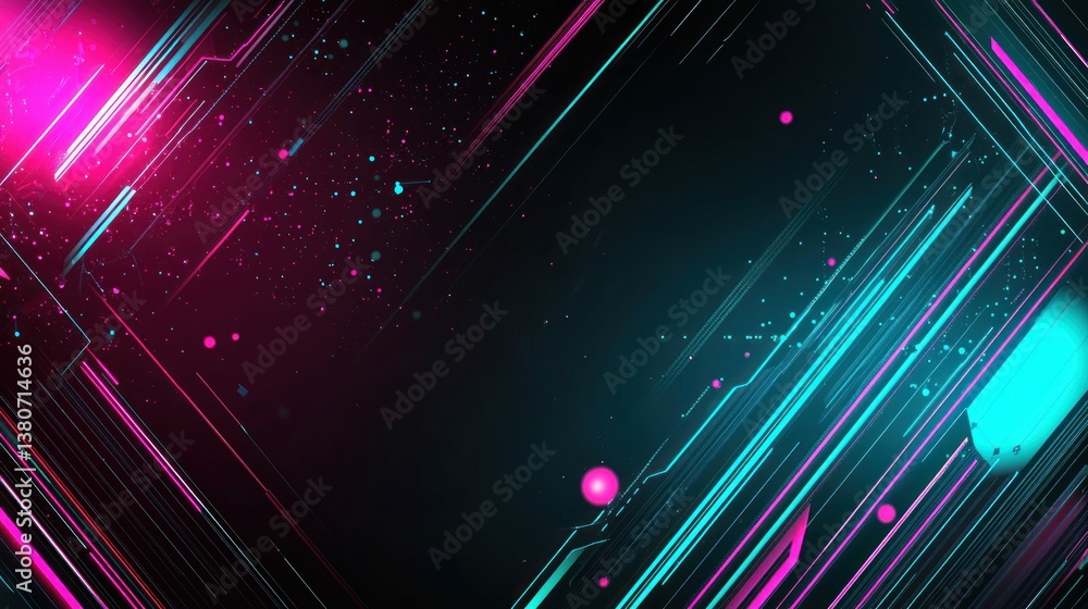Poster dynamic abstract design with neon lines and vibrant colors creating a futuristic digital artwork.