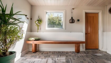 mid century modern suburban foyer with a custom floating bench and geometric tile flooring