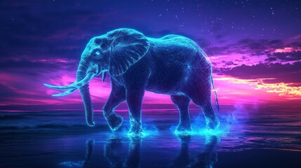 Fototapeta premium Neon elephant traversing shimmering waters against a vibrant twilight horizon