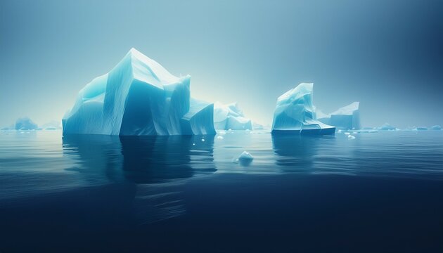 misty cubic icebergs float in calm dark blue sea