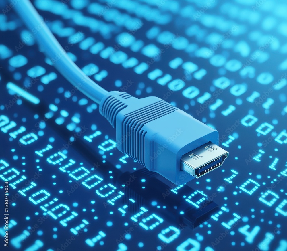 Poster blue hdmi cable with binary data background in digital concept