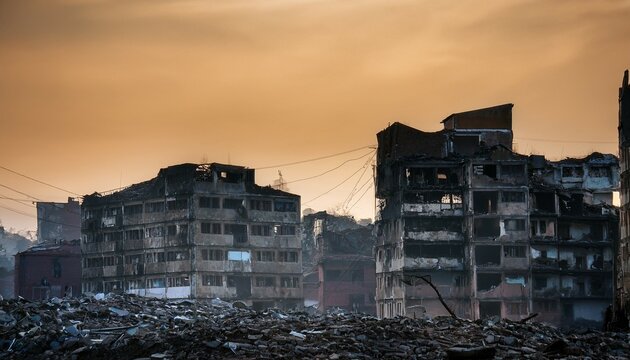 ramshackle buildings stand decaying in a neglected slum highlighting urban poverty and substandard living conditions