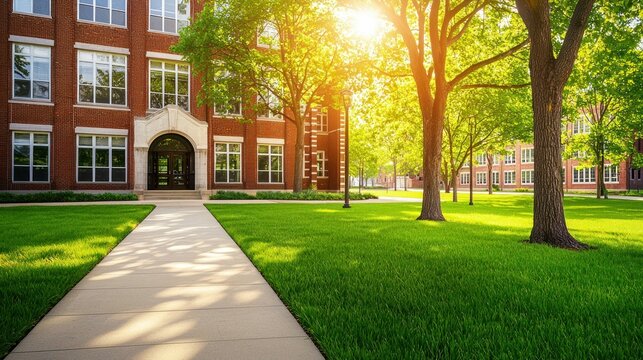 A beautiful university campus in sunlight with a brick building and green lawns with trees.