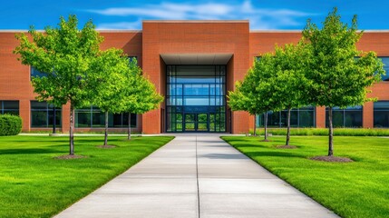 Obraz premium A striking brick building with glass doors, framed by trees and a manicured lawn in full view.