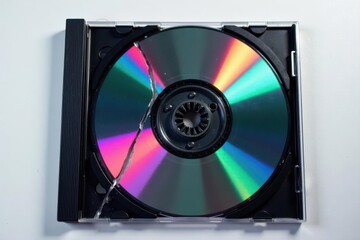Shattered CD case, black background Broken plastic, digital media damage , discarded, vintage