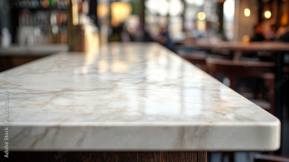 Poster close-up of marble countertop, light beige with brown veining, creating a sleek and clean appearance
