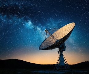 Satellite Dish under Starry Sky with Milky Way and Night Landscape