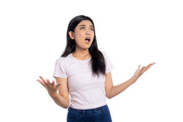 Frustrated young Asian woman raising hands with upset facial expression, confused and questioning, isolated on transparent background