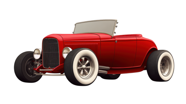 Classic red and white convertible car, vintage automobile design with open top white wheels parked on a sunny day