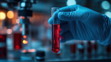 Gloved hand holding red liquid in test tube in laboratory setting