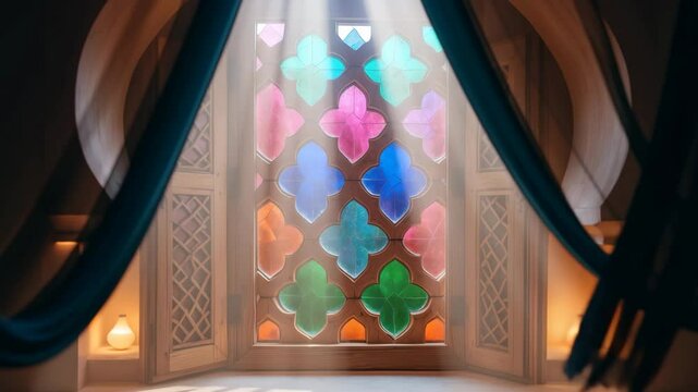 Geometric patterned ancient window with colorful glass set in a wooden frame.