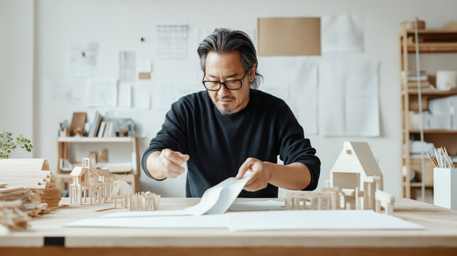 Asian architect working on architectural models at a desk in a design studio.