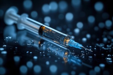 Close-up of syringe on reflective surface with water droplets and bokeh background