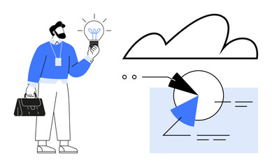 Man holding lightbulb symbolizes innovation, briefcase signifies professionalism. Includes cloud computing, pie chart, and data visualization. Ideal for creativity, technology, innovation, business