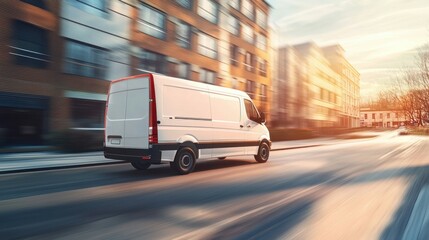 A white delivery van driving fast down a city road, captured with a blurred motion effect.