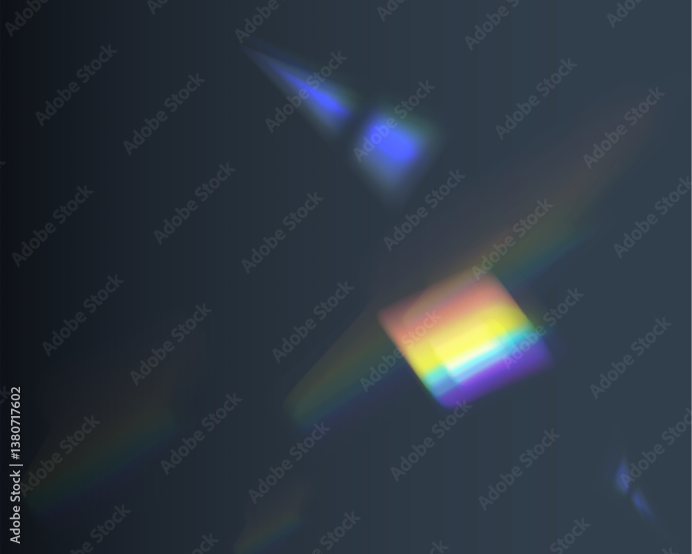 Poster glowing iridescent prism shapes and light refractions in deep space atmosphere, abstract futuristic 