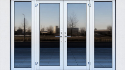 Transparent two glass door isolated on transparent background. Store glass mock up door. Entrance clear reflection glass door for office. Vector illustration