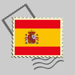 Spain flag postage stamp. Isolated vector illustration on grey post stamp background