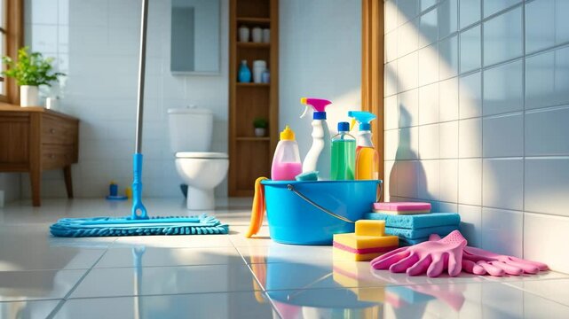 Varied cleaning agents and supplies in the bathroom hygiene and housekeeping concept