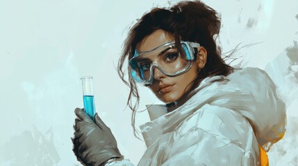 Female scientist with test tube wearing protective gear, holding blue liquid, laboratory setting