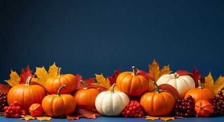 Autumn Pumpkins and Fall Leaves on Blue Background AI Generated