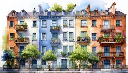 Obraz premium A watercolor rendering of a row of colorful, classic townhouses with balconies and foliage, in a loose, painterly style