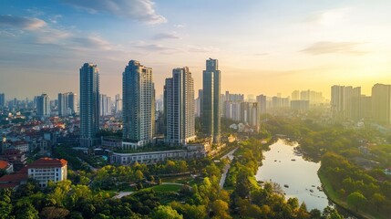 Naklejka premium Spectacular cityscape with skyscrapers, serene river, and lush greenery