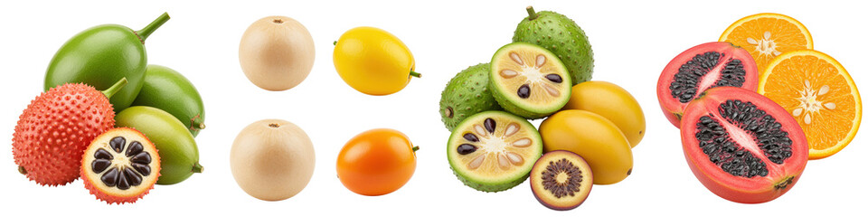 Fototapeta premium Exotic fruits Gac, Pepino Melon, Ambarella, and Tamarillo.