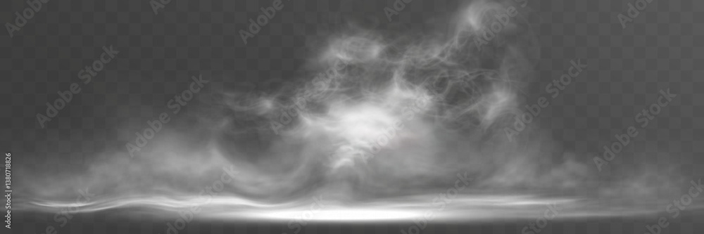 Poster realistic white smoke or mist effect with soft, swirling patterns on a transparent background. perfe