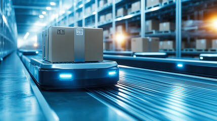 Smart delivery robot carrying cardboard box in modern warehouse