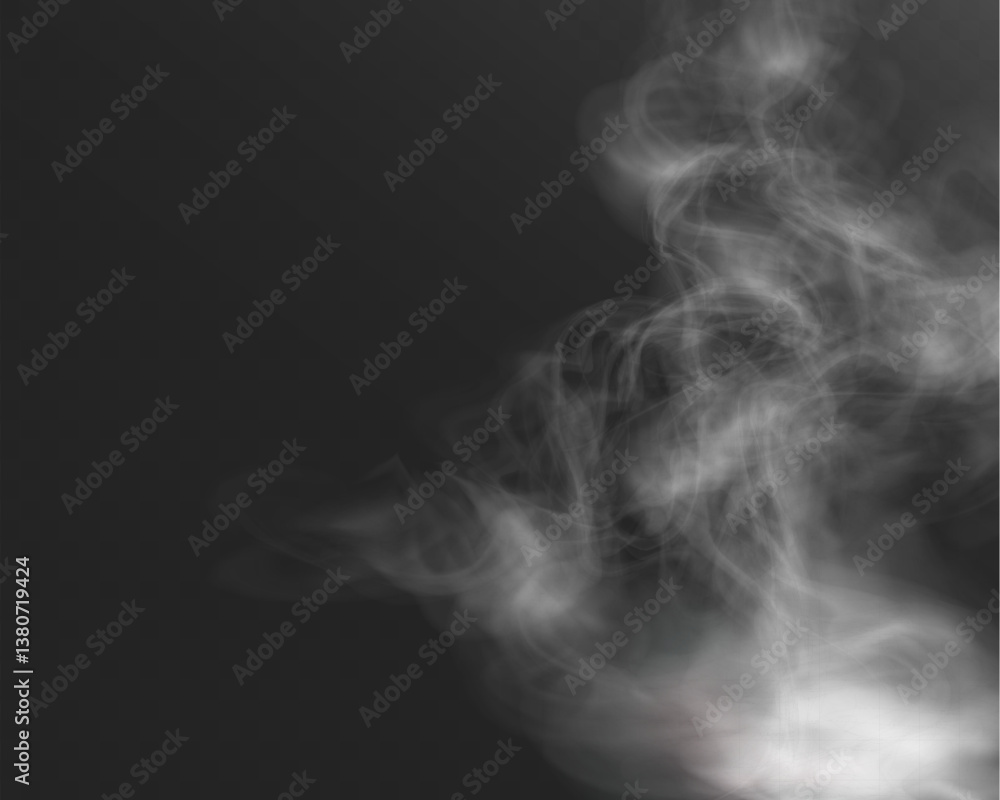Poster realistic white smoke or mist effect with soft, swirling patterns on a transparent background. perfe