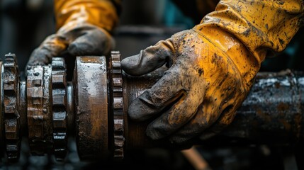 Mechanic wearing yellow gloves repairing gears on large machine