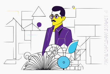 Man showing something thinking presenting concepts vector illustration line art